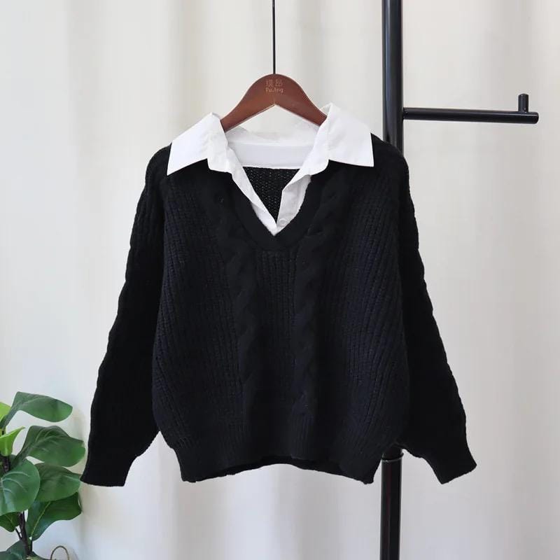 Sweater med skjortekrave og V-hals i kabelstrik til damer