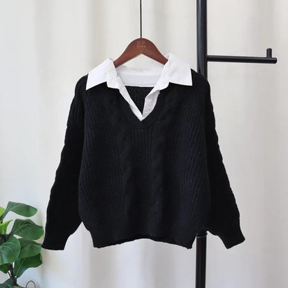 Sweater med skjortekrave og V-hals i kabelstrik til damer