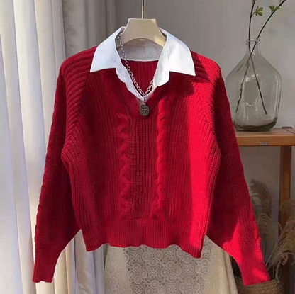 Sweater med skjortekrave og V-hals i kabelstrik til damer