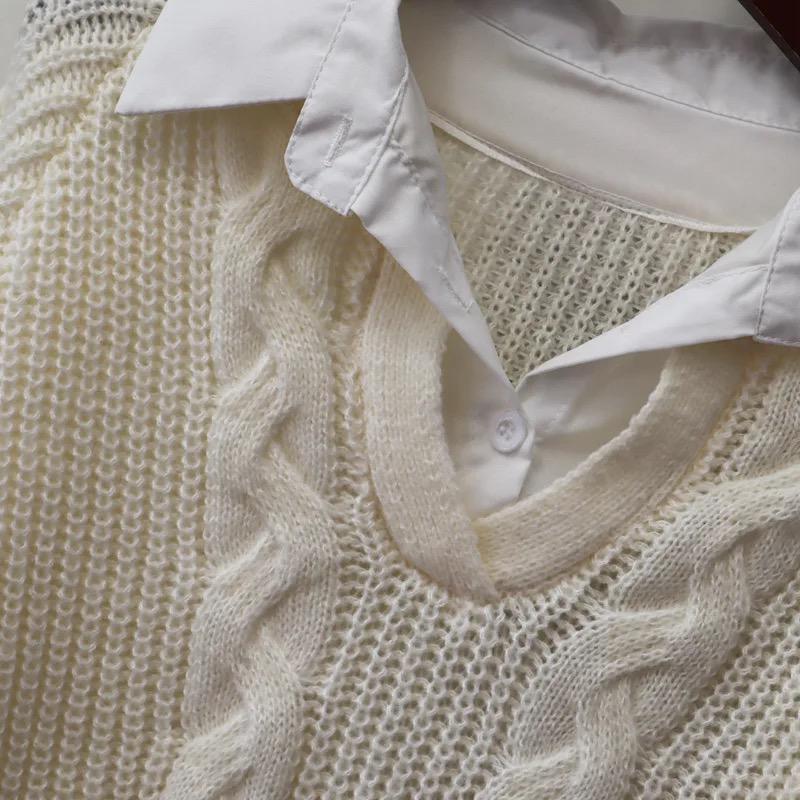 Sweater med skjortekrave og V-hals i kabelstrik til damer