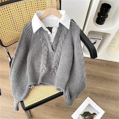 Sweater med skjortekrave og V-hals i kabelstrik til damer