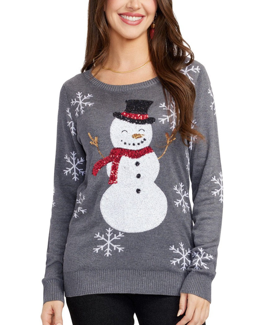Julesweater dame med snemand og palietter, rund hals og lange ærmer