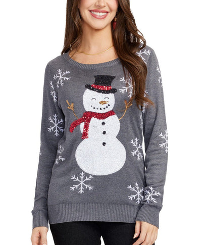 Julesweater dame med snemand og palietter, rund hals og lange ærmer