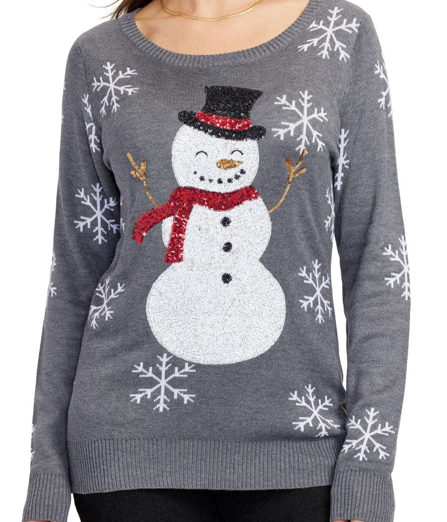 Julesweater dame med snemand og palietter, rund hals og lange ærmer
