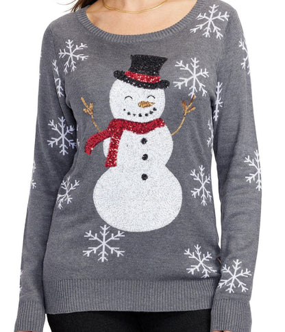Julesweater dame med snemand og palietter, rund hals og lange ærmer