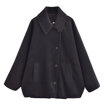 Oversize frakke dame med skjortekrave og knapper foran