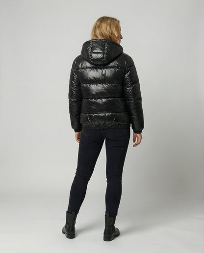 Puffer jakke unisex med hætte, høj krave og lynlås foran