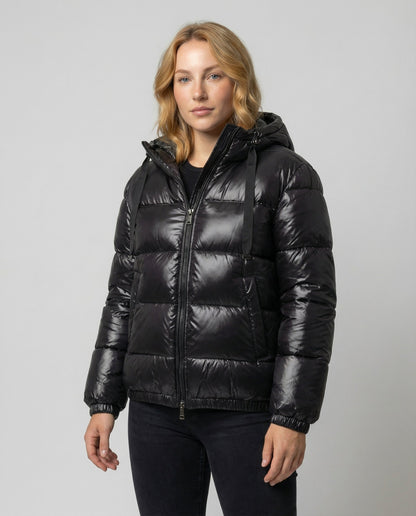 Puffer jakke unisex med hætte, høj krave og lynlås foran