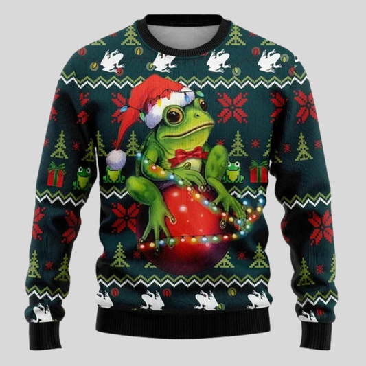Julesweater til mænd med løs pasform, ribkanter og julemotiv med dyr