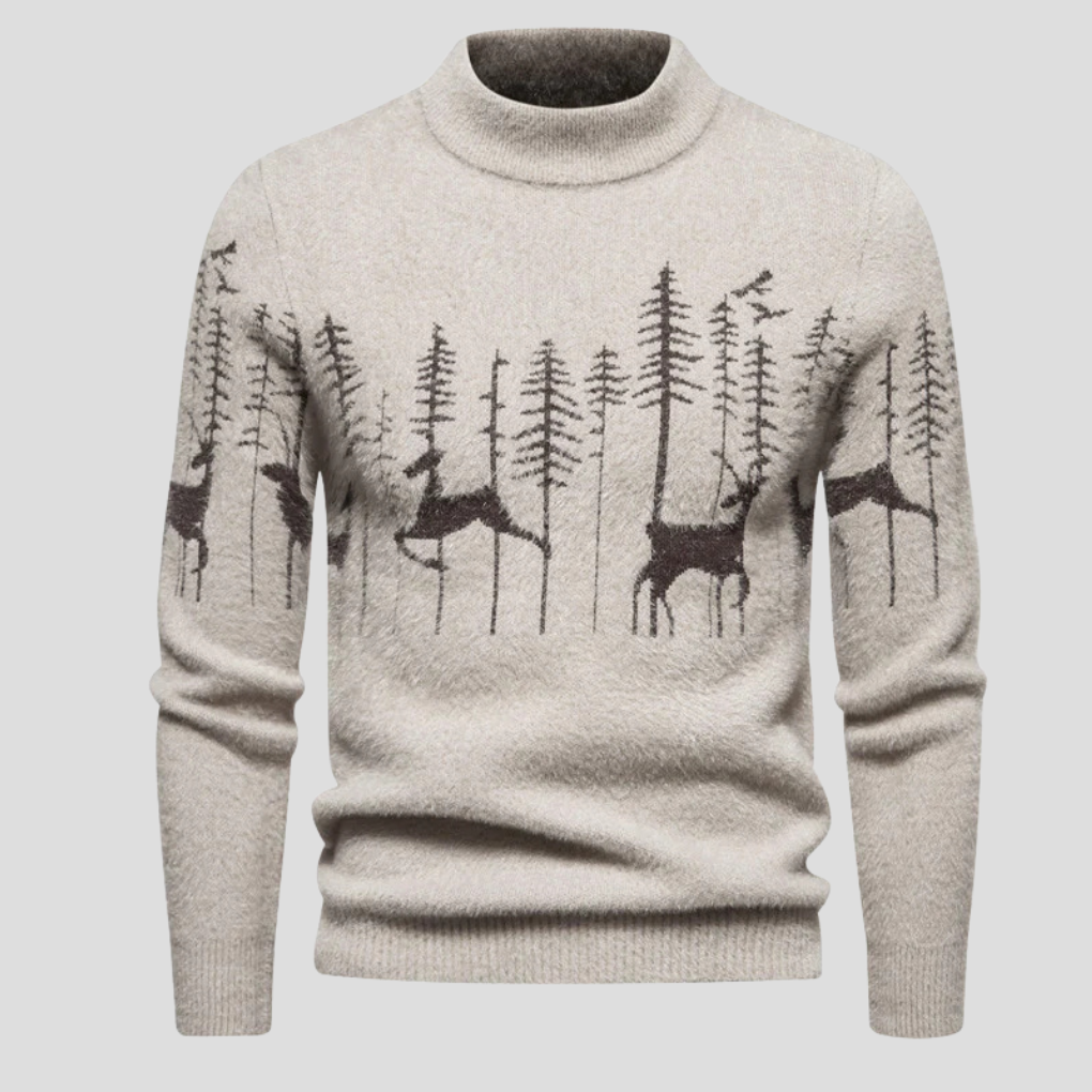 Julesweater med rensdyrmotiv og høj hals i strik til mænd