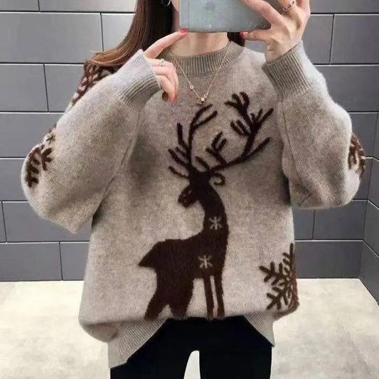 Julesweater dame med rensdyr og snefnug, rund hals og løs pasform