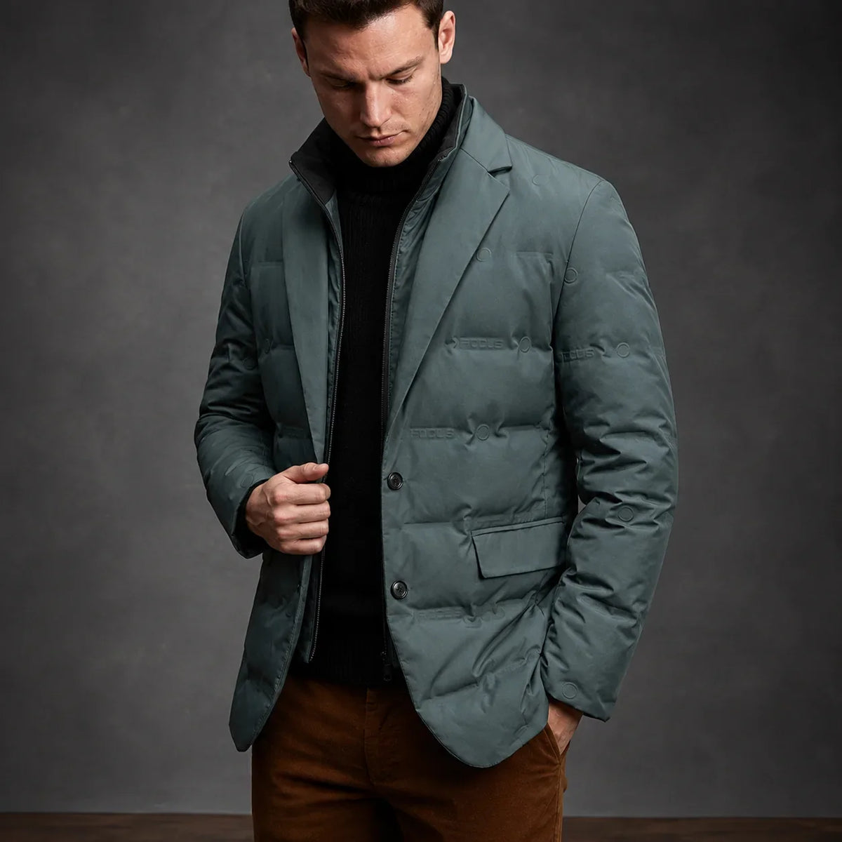 Puffer jakke til mænd i blazermodel med knapper og lynlås