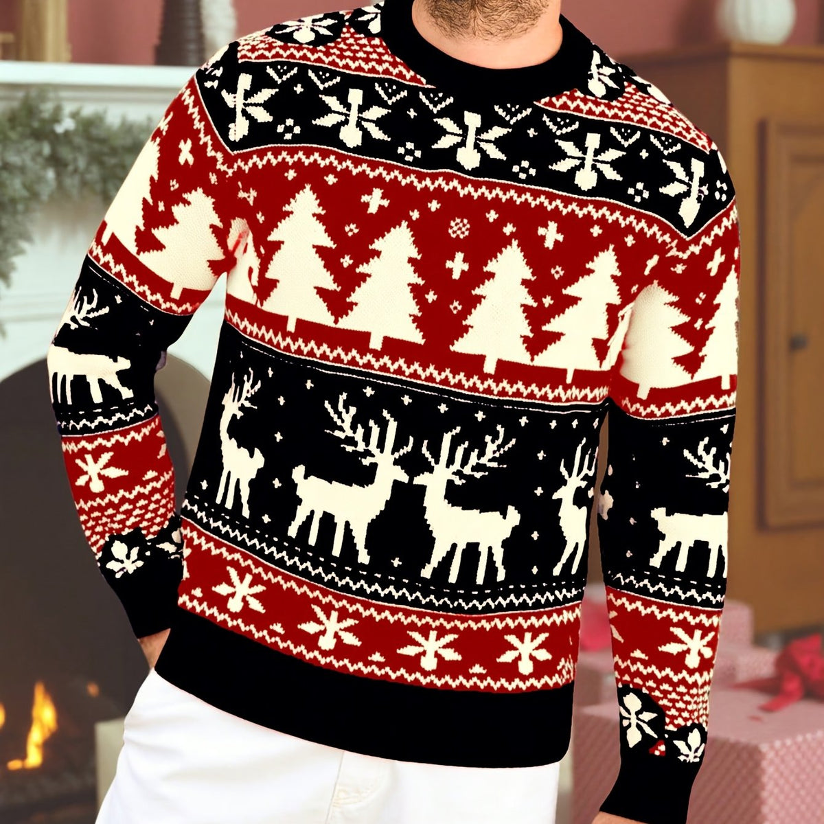 Julesweater med rund hals og rensdyrmønster til mænd
