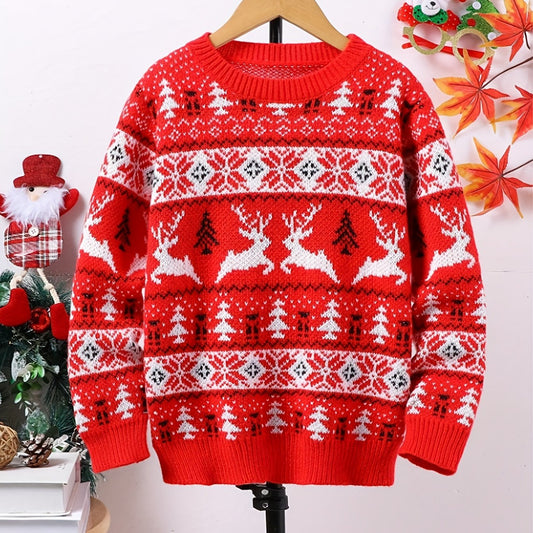 Julesweater dame med rensdyrmønster og rund hals, strikket pullover