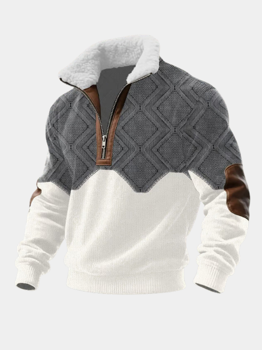 Sweater til mænd med halv lynlås, høj krave og albuepatches i regular pasform