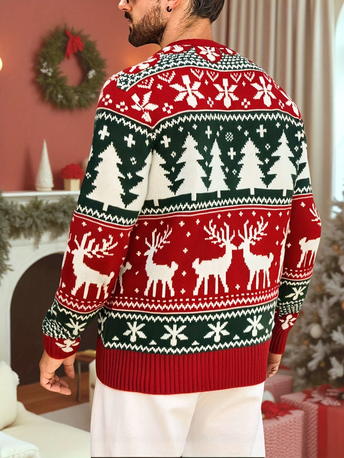 Julesweater med rund hals og rensdyrmønster til mænd