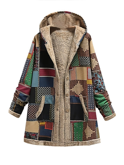 Vinterjakke dame med hætte, knapper og patchwork-mønster