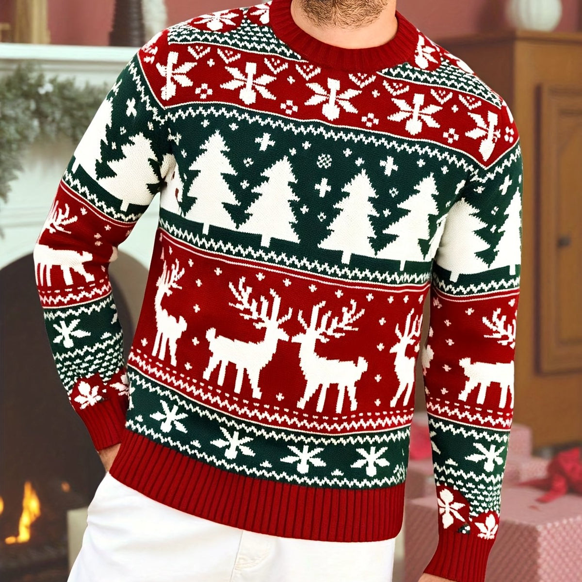 Julesweater med rund hals og rensdyrmønster til mænd