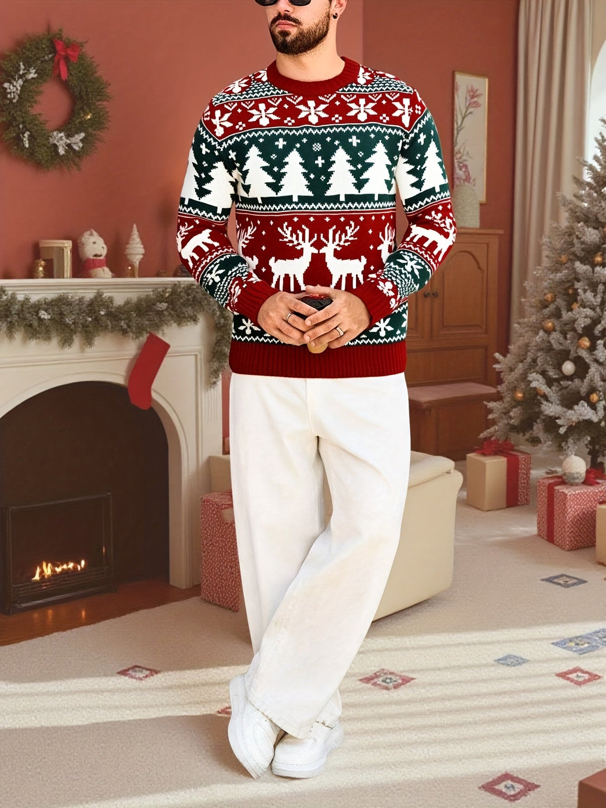 Julesweater med rund hals og rensdyrmønster til mænd