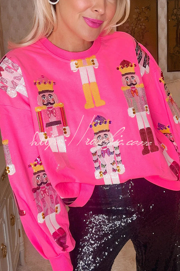 Julesweater dame med nøddeknækkere og pailletter, løs pasform