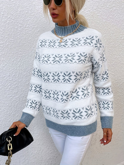 Julesweater dame med snefnugmønster, afslappet pasform og ribkanter