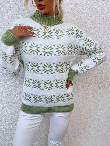 Julesweater dame med snefnugmønster, afslappet pasform og ribkanter
