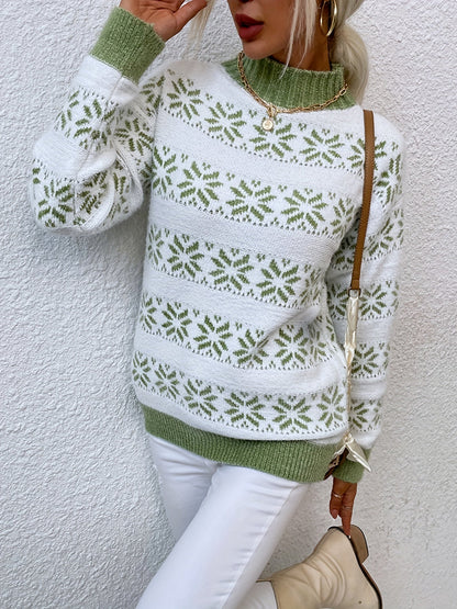 Julesweater dame med snefnugmønster, afslappet pasform og ribkanter