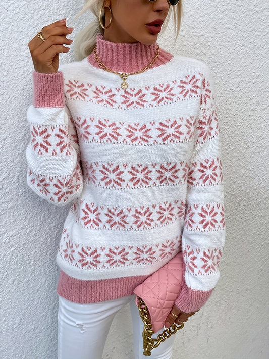 Julesweater dame med snefnugmønster, afslappet pasform og ribkanter