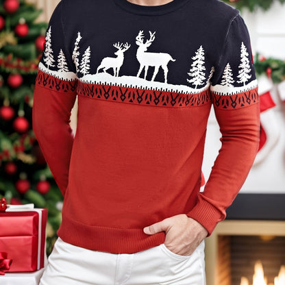 Julesweater med rensdyrmotiv, rund hals og lange ærmer til mænd
