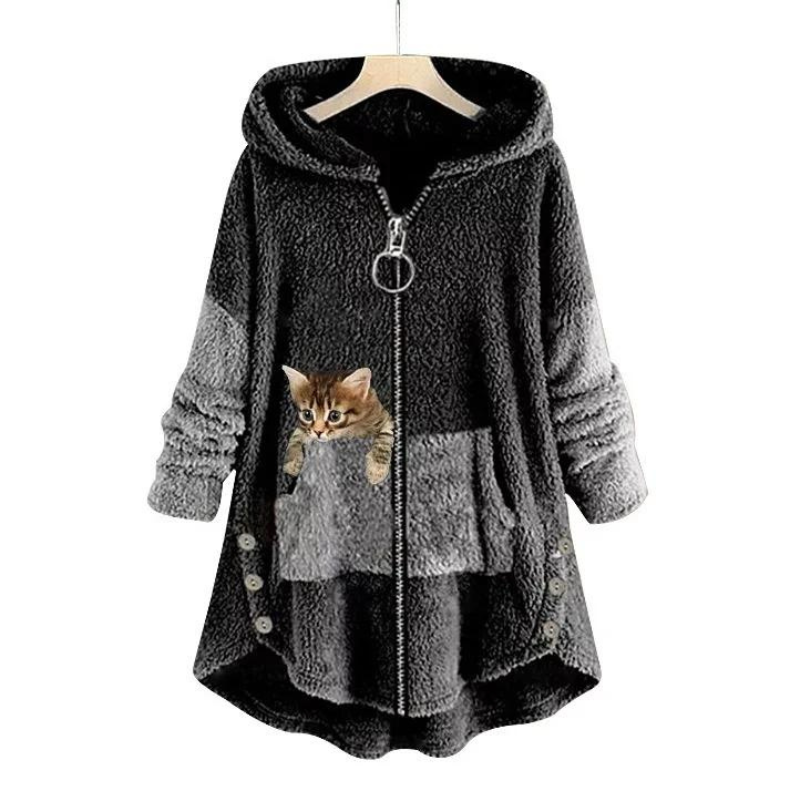 Hoodie med kængurulomme og knapper i lang model til damer