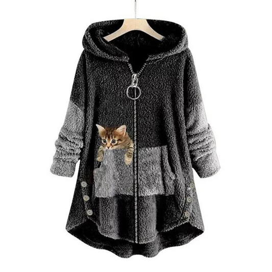 Hoodie med kængurulomme og knapper i lang model til damer