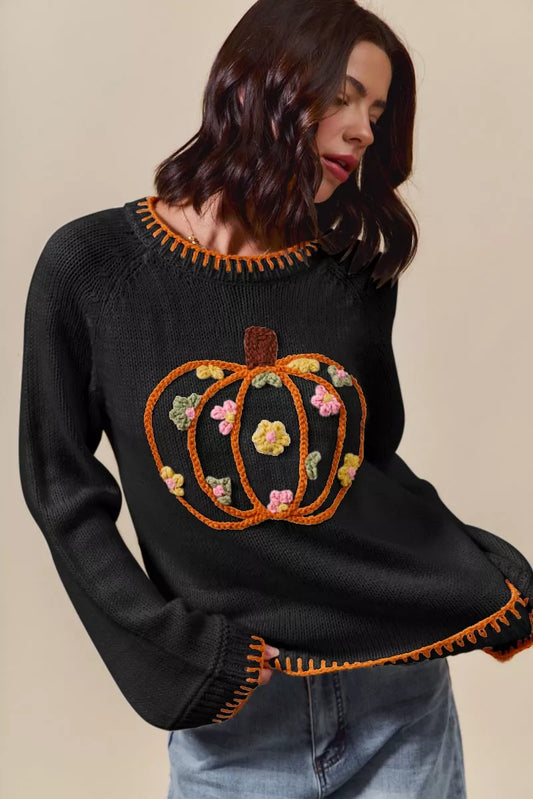 Sweater med græskarbroderi og blomsterbroderi til damer