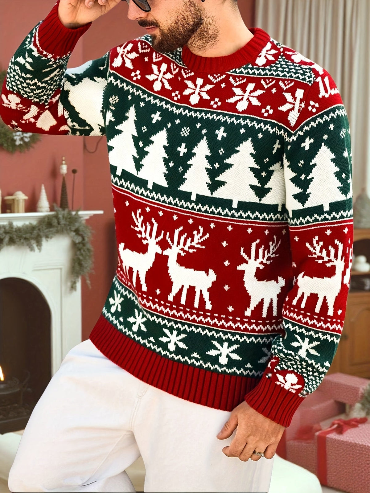 Julesweater med rund hals og rensdyrmønster til mænd