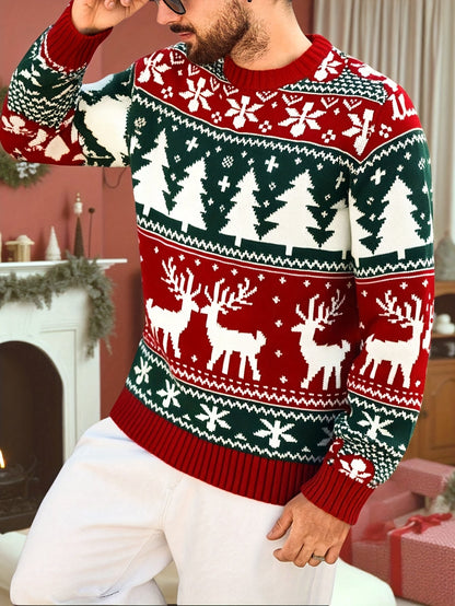 Julesweater med rund hals og rensdyrmønster til mænd