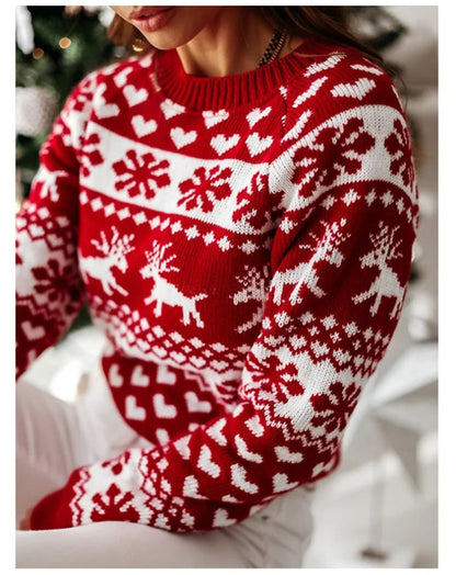 Julesweater dame med rund hals og rensdyrmønster, langærmet strik