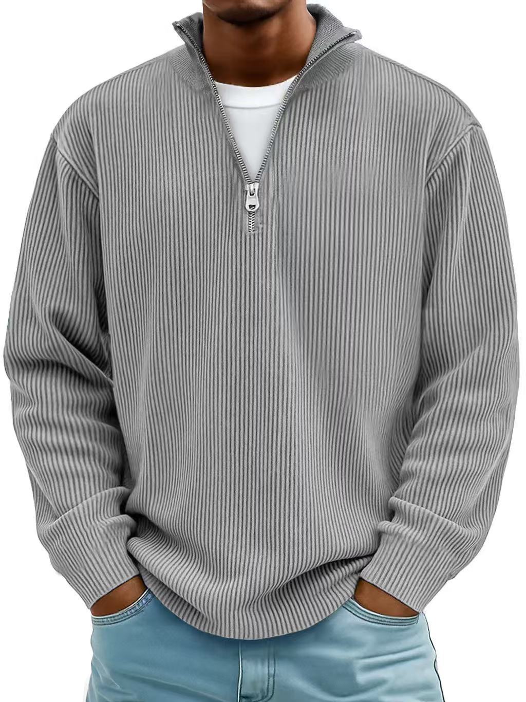 Ribbet sweater med halv lynlås og høj krave til mænd