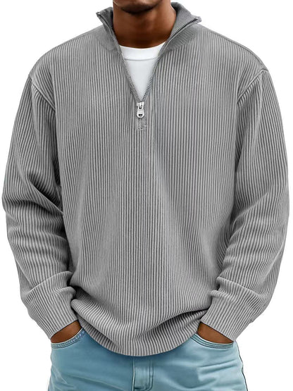 Ribbet sweater med halv lynlås og høj krave til mænd