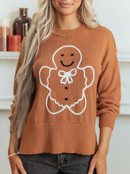 Julesweater dame med pepperkagemand og rund hals, oversized pasform