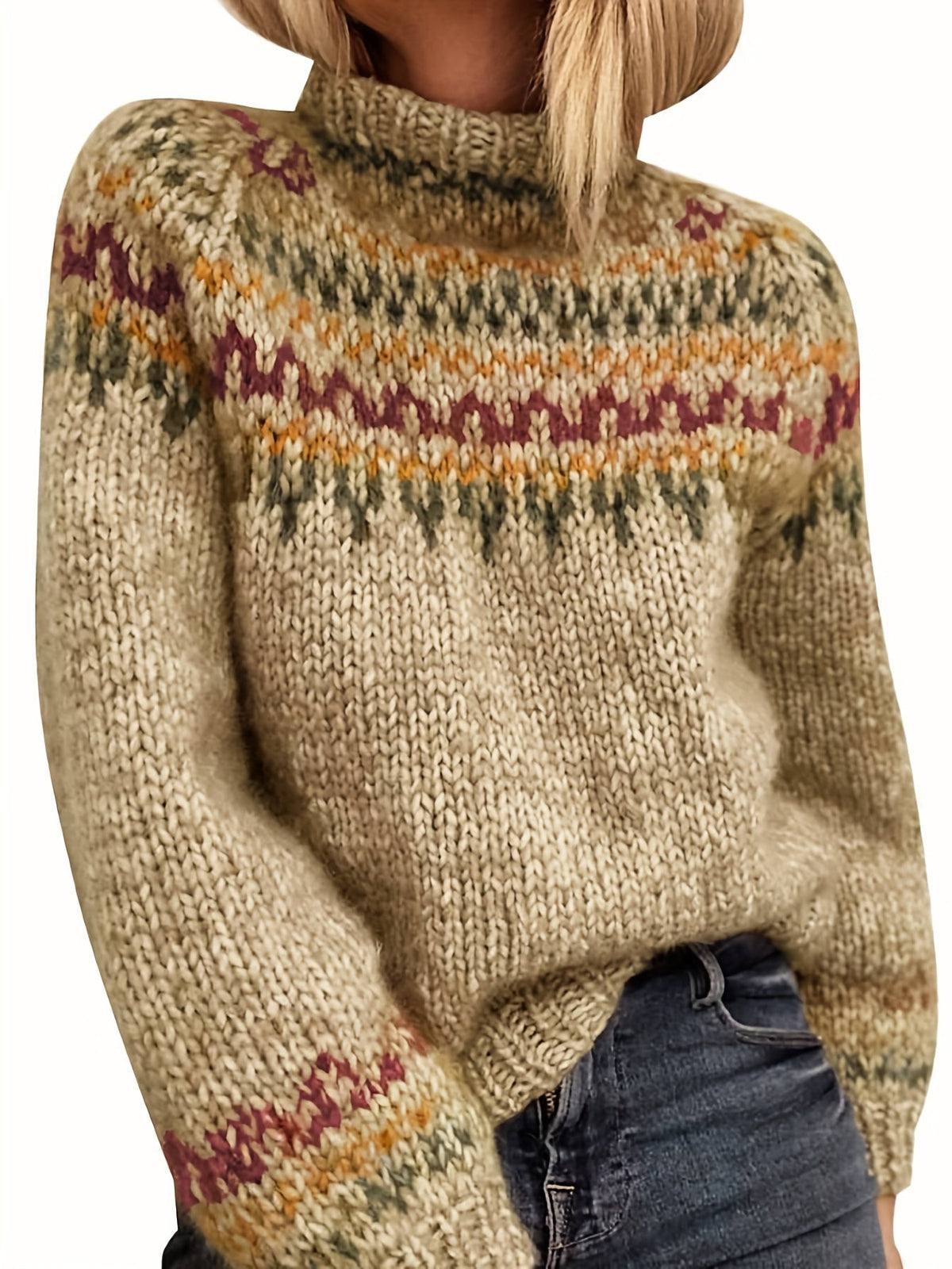 Strikket sweater med høj hals og nordisk mønster til damer