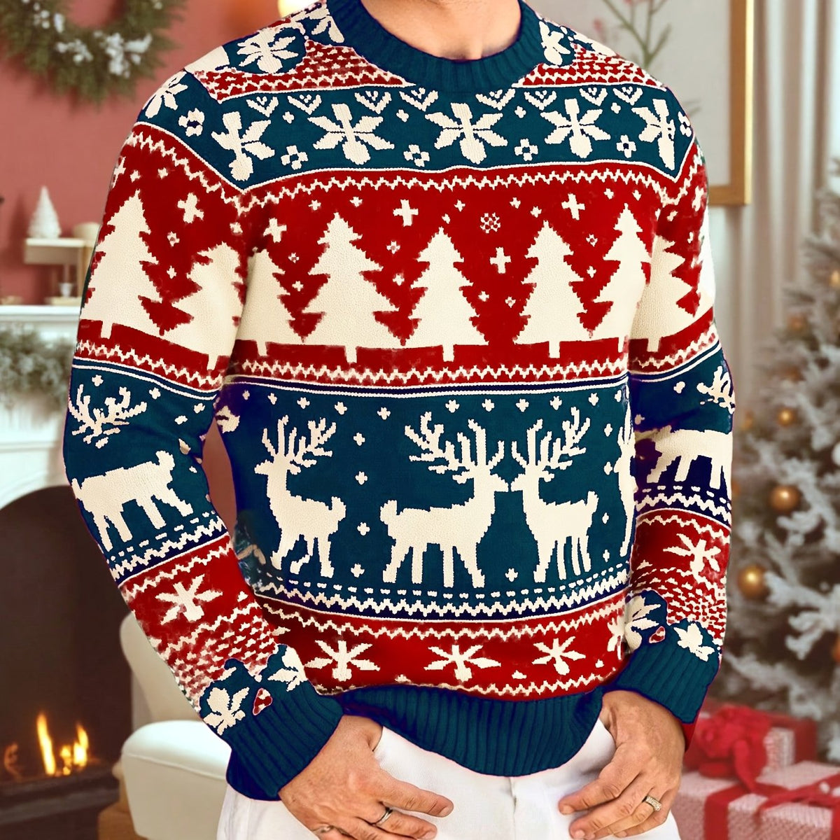 Julesweater med rund hals og rensdyrmønster til mænd