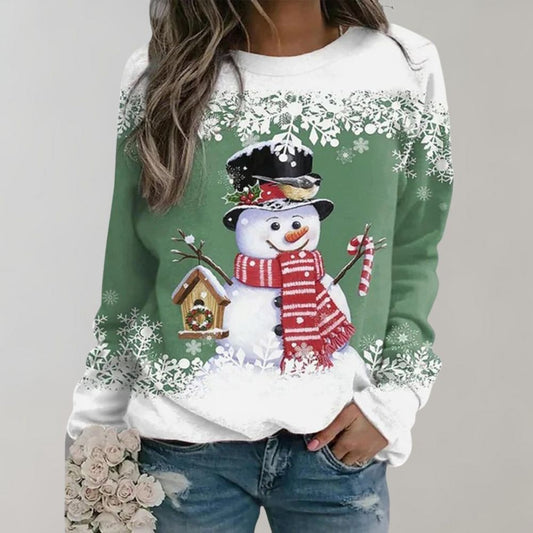 Julesweater dame med rund hals, snemandsprint og lange ærmer
