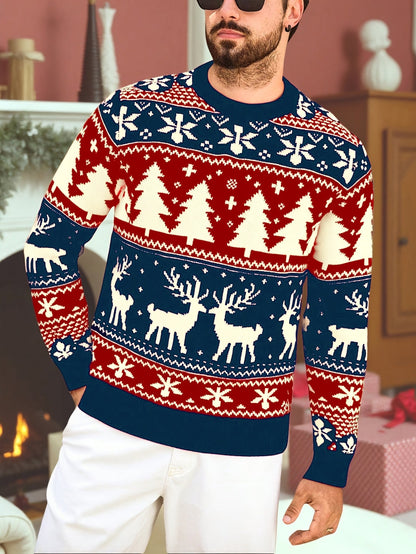 Julesweater med rund hals og rensdyrmønster til mænd