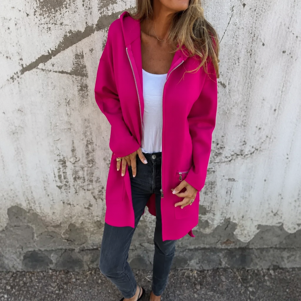 Lang hoodie med lynlås og lynlåslommer, løs pasform til damer