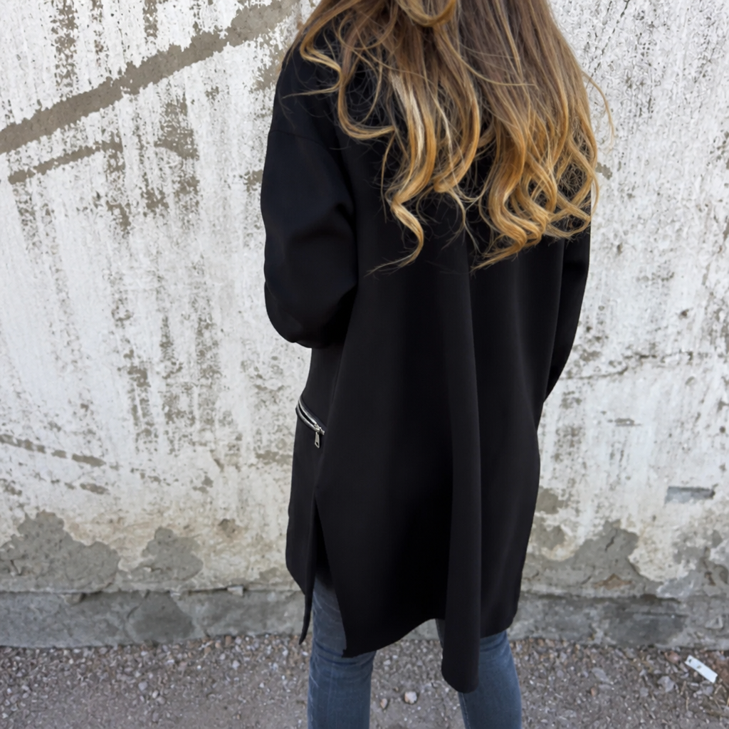 Lang hoodie med lynlås og lynlåslommer, løs pasform til damer