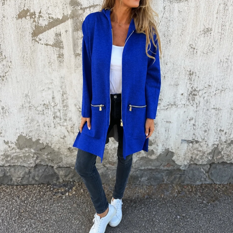 Lang hoodie med lynlås og lynlåslommer, løs pasform til damer