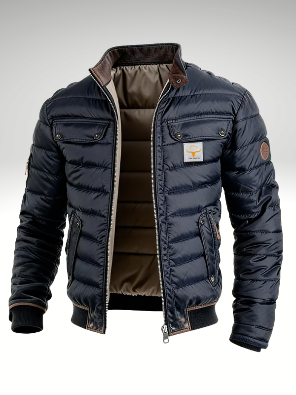 Quiltet puffer jakke til mænd med stålkrave og brystlommer