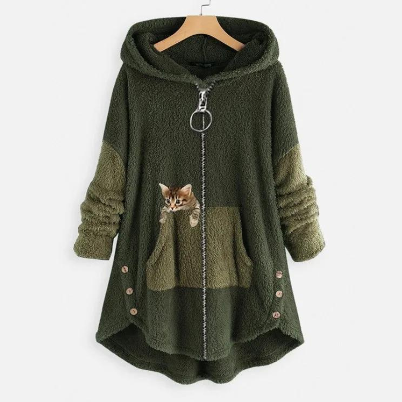 Hoodie med kængurulomme og knapper i lang model til damer