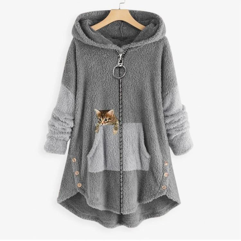 Hoodie med kængurulomme og knapper i lang model til damer
