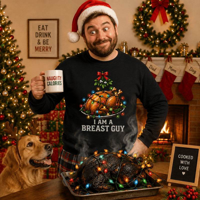 Julesweater med rund hals og kalkuntryk med julelys