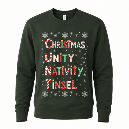 Julesweater med rund hals, lange ærmer og tekstprint med snefnug